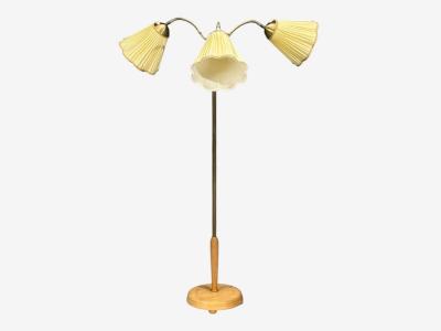 Swedish Modern Adjustable Floor Lamp Birch Brass Silk Sweden 1950s