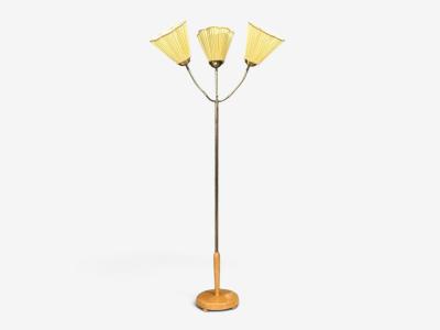 Swedish Modern Adjustable Floor Lamp Birch Brass Silk Sweden 1950s