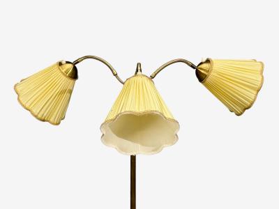 Swedish Modern Adjustable Floor Lamp Birch Brass Silk Sweden 1950s