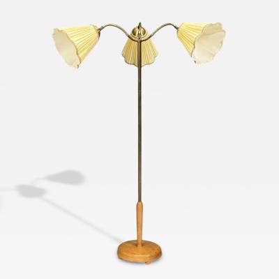 Swedish Modern Adjustable Floor Lamp Birch Brass Silk Sweden 1950s