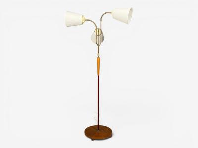 Swedish Modern Adjustable Floor Lamp Wood Brass Red Lacquer Sweden 1940s