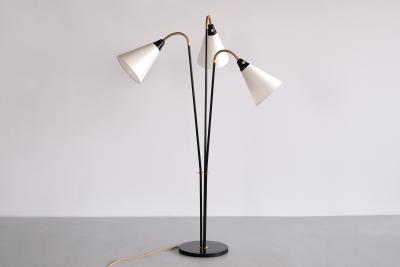 Swedish Modern Adjustable Three Arm Floor Lamp in Metal Brass and Silk 1950s