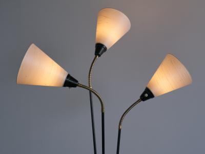 Swedish Modern Adjustable Three Arm Floor Lamp in Metal Brass and Silk 1950s