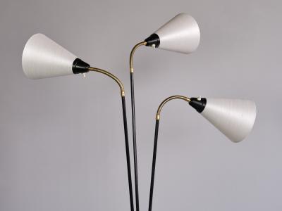 Swedish Modern Adjustable Three Arm Floor Lamp in Metal Brass and Silk 1950s