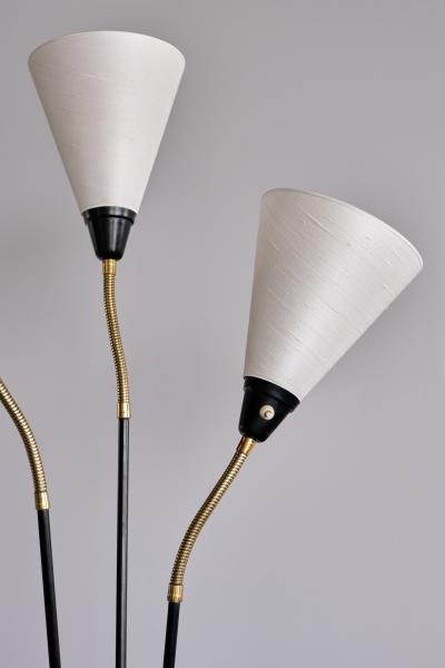 Swedish Modern Adjustable Three Arm Floor Lamp in Metal Brass and Silk 1950s