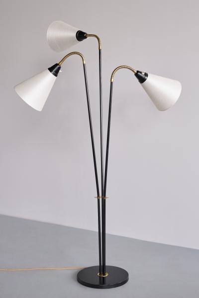 Swedish Modern Adjustable Three Arm Floor Lamp in Metal Brass and Silk 1950s