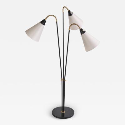 Swedish Modern Adjustable Three Arm Floor Lamp in Metal Brass and Silk 1950s