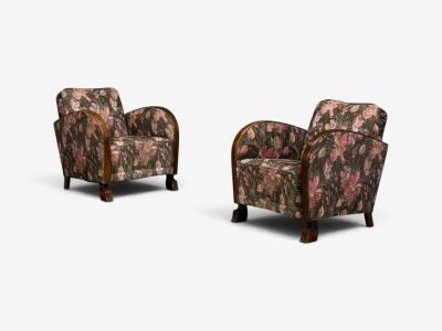 Swedish Modern Art Deco Lounge Chairs Stained Birch Fabric Sweden 1940s