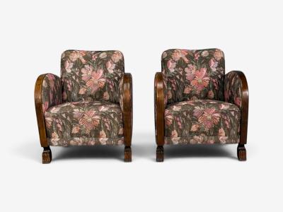 Swedish Modern Art Deco Lounge Chairs Stained Birch Fabric Sweden 1940s