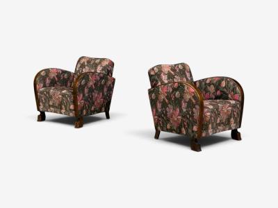 Swedish Modern Art Deco Lounge Chairs Stained Birch Fabric Sweden 1940s