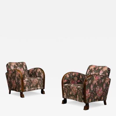Swedish Modern Art Deco Lounge Chairs Stained Birch Fabric Sweden 1940s