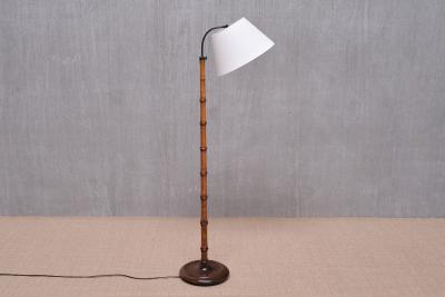 Swedish Modern Birch Faux Bamboo Floor Lamp with Ivory Adjustable Shade 1940s