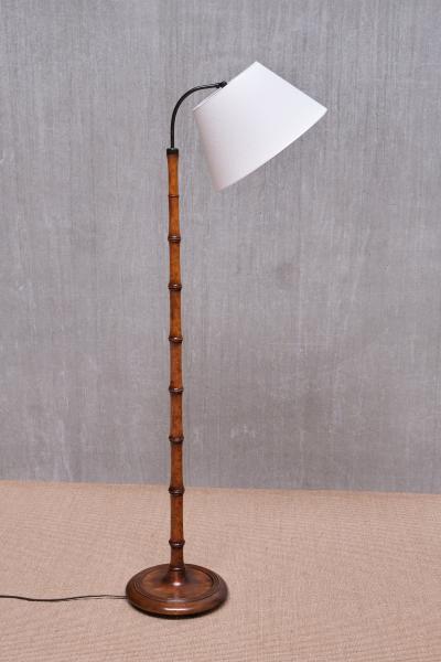 Swedish Modern Birch Faux Bamboo Floor Lamp with Ivory Adjustable Shade 1940s