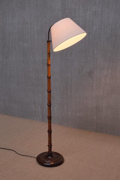 Swedish Modern Birch Faux Bamboo Floor Lamp with Ivory Adjustable Shade 1940s