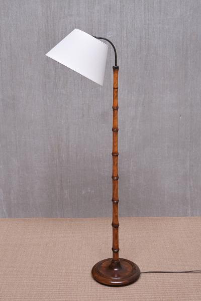 Swedish Modern Birch Faux Bamboo Floor Lamp with Ivory Adjustable Shade 1940s
