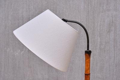 Swedish Modern Birch Faux Bamboo Floor Lamp with Ivory Adjustable Shade 1940s