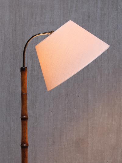 Swedish Modern Birch Faux Bamboo Floor Lamp with Ivory Adjustable Shade 1940s
