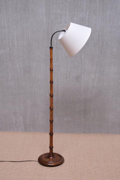 Swedish Modern Birch Faux Bamboo Floor Lamp with Ivory Adjustable Shade 1940s