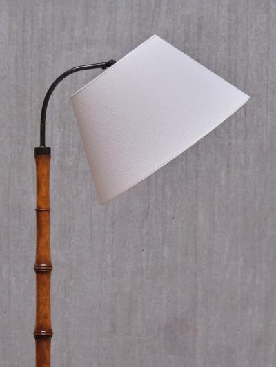 Swedish Modern Birch Faux Bamboo Floor Lamp with Ivory Adjustable Shade 1940s