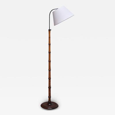 Swedish Modern Birch Faux Bamboo Floor Lamp with Ivory Adjustable Shade 1940s