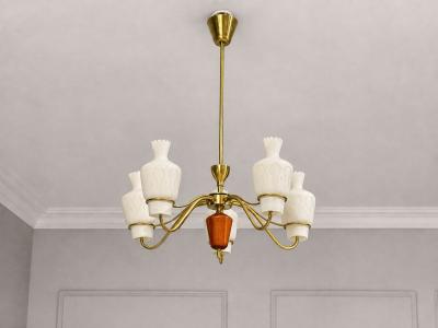 Swedish Modern Chandelier Brass Mahogany Glass Sweden 1940s