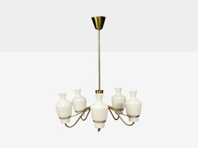 Swedish Modern Chandelier Brass Mahogany Glass Sweden 1940s