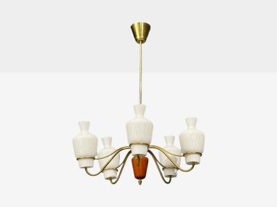 Swedish Modern Chandelier Brass Mahogany Glass Sweden 1940s