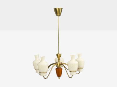 Swedish Modern Chandelier Brass Mahogany Glass Sweden 1940s