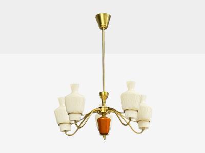 Swedish Modern Chandelier Brass Mahogany Glass Sweden 1940s