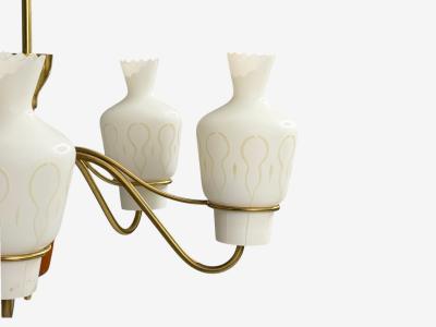 Swedish Modern Chandelier Brass Mahogany Glass Sweden 1940s