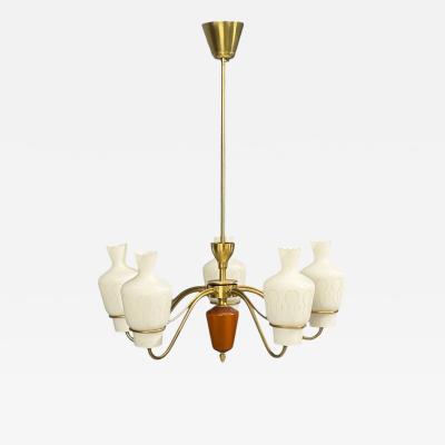 Swedish Modern Chandelier Brass Mahogany Glass Sweden 1940s
