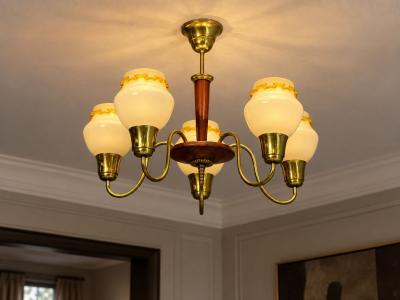 Swedish Modern Chandelier Brass Wood Yellow Glass Sweden 1950s