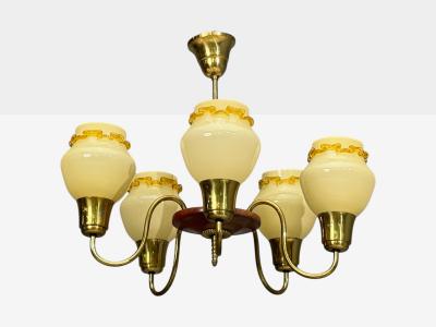 Swedish Modern Chandelier Brass Wood Yellow Glass Sweden 1950s