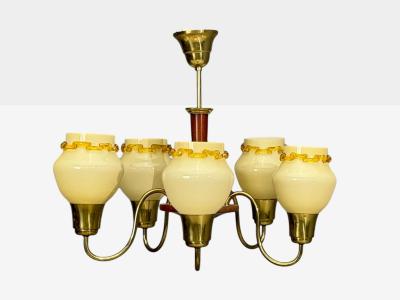 Swedish Modern Chandelier Brass Wood Yellow Glass Sweden 1950s