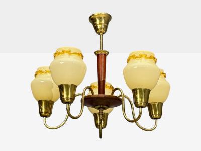 Swedish Modern Chandelier Brass Wood Yellow Glass Sweden 1950s