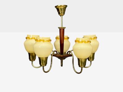 Swedish Modern Chandelier Brass Wood Yellow Glass Sweden 1950s