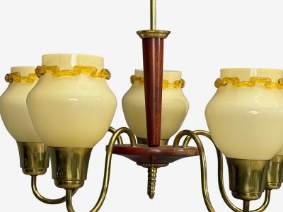 Swedish Modern Chandelier Brass Wood Yellow Glass Sweden 1950s