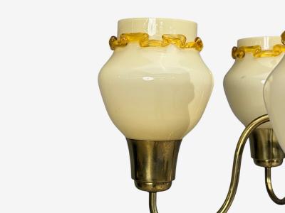 Swedish Modern Chandelier Brass Wood Yellow Glass Sweden 1950s