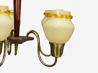 Swedish Modern Chandelier Brass Wood Yellow Glass Sweden 1950s