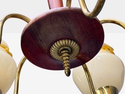 Swedish Modern Chandelier Brass Wood Yellow Glass Sweden 1950s