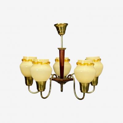 Swedish Modern Chandelier Brass Wood Yellow Glass Sweden 1950s