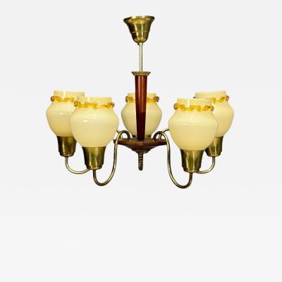 Swedish Modern Chandelier Brass Wood Yellow Glass Sweden 1950s