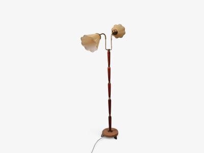 Swedish Modern Double Light Floor Lamp Wood Brass Fabric Sweden 1950s