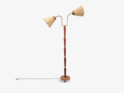 Swedish Modern Double Light Floor Lamp Wood Brass Fabric Sweden 1950s