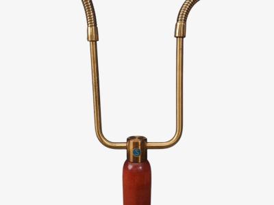 Swedish Modern Double Light Floor Lamp Wood Brass Fabric Sweden 1950s