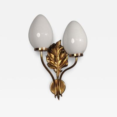Swedish Modern Double Wall Light Brass Opaline Glass Sweden 1950s