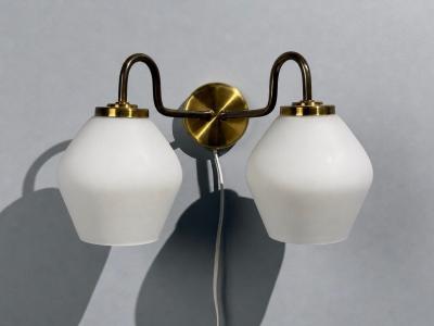 Swedish Modern Double Wall Sconce Brass Glass Sweden 1980s