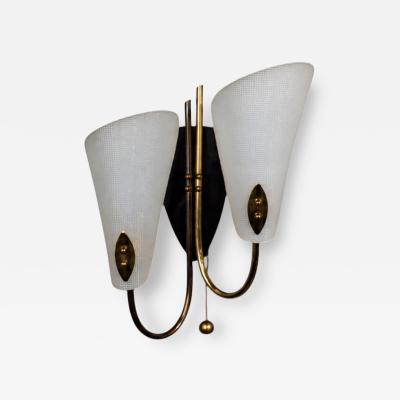 Swedish Modern Double Wall Sconce Brass Textured Glass Sweden 1950s