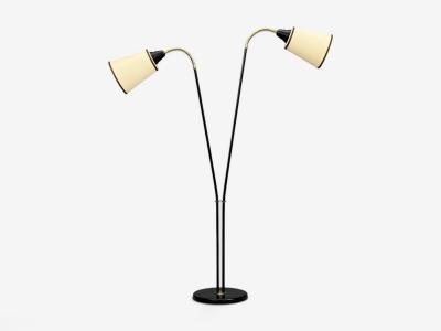 Swedish Modern Floor Lamp Black Lacquered Metal Brass Fabric Sweden 1960s