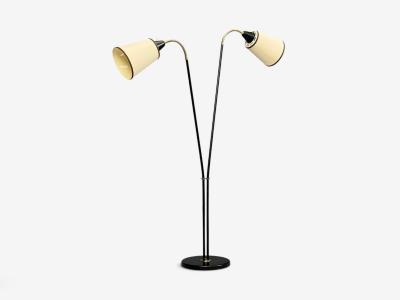 Swedish Modern Floor Lamp Black Lacquered Metal Brass Fabric Sweden 1960s